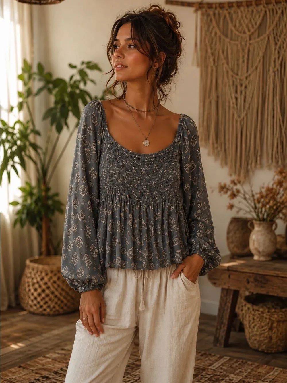 Boho Chic Smocked Scoop Neck Floral Blouse in Grayish Green